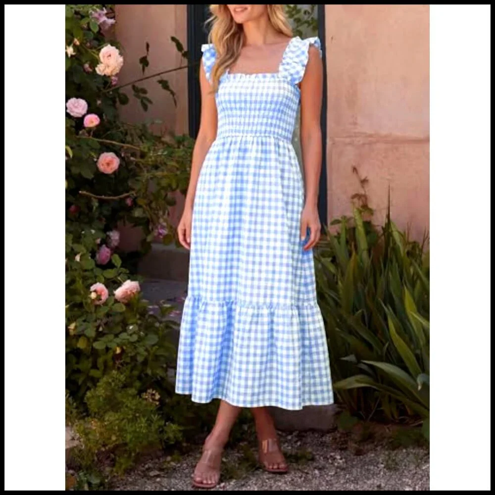Summer Maxi Dress Spaghetti Strap Smocked Gingham Casual Long Sundress - Picture 2 of 7